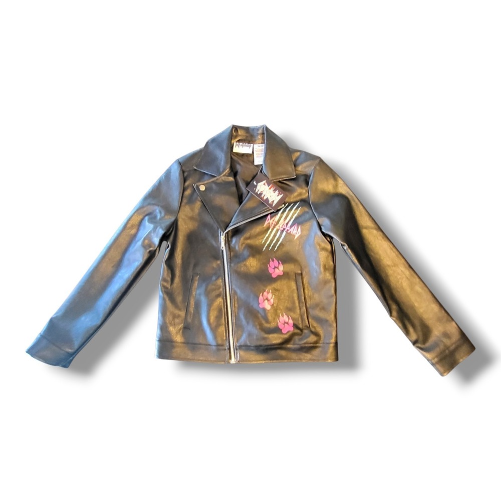 Def Leppard Girls Moto Jacket 10/12 Black Faux Leather Pink Paw Prints Rock NWT